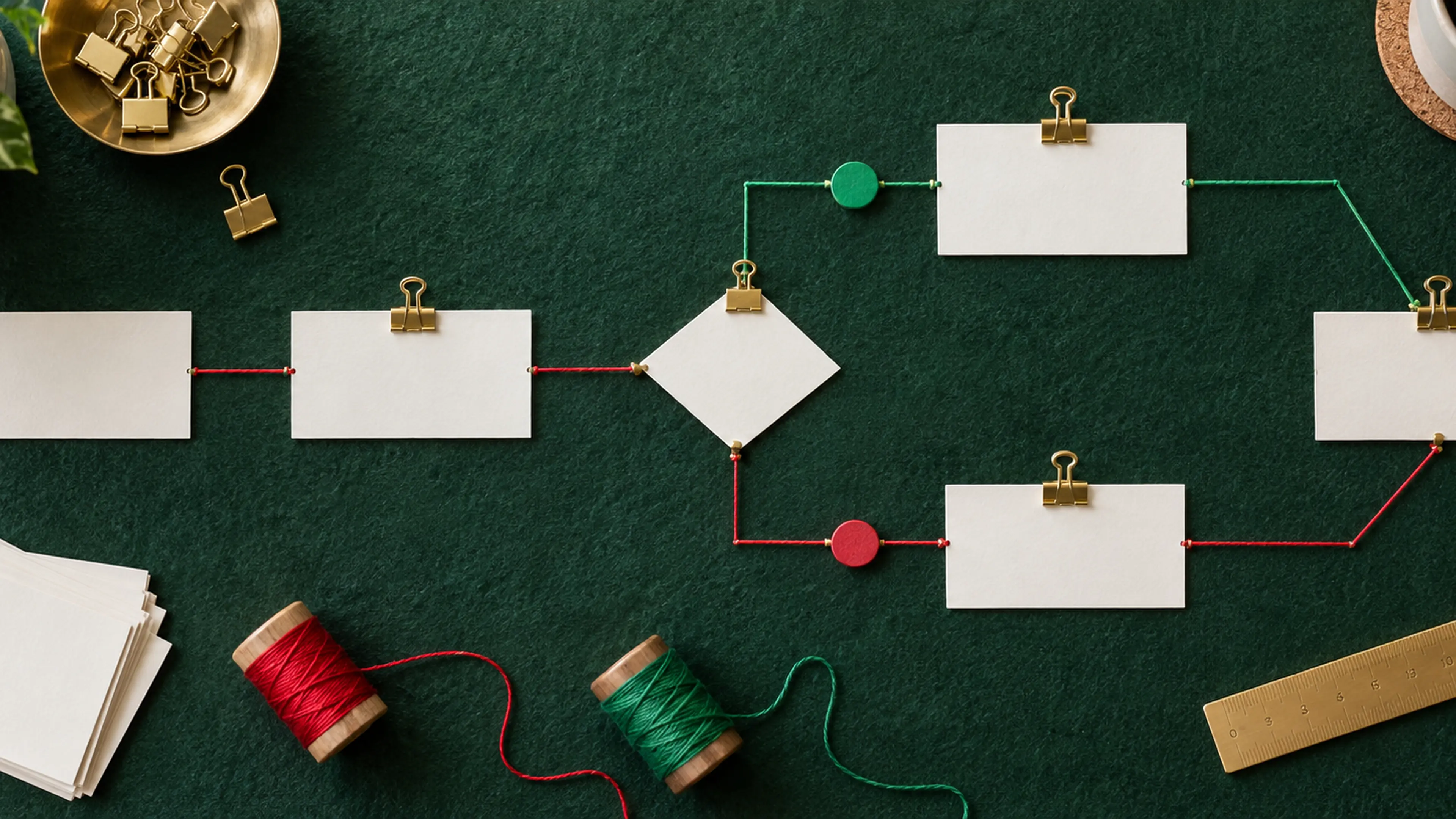 Physical approval-routing map with blank cards, branching paths, and controlled decision points.