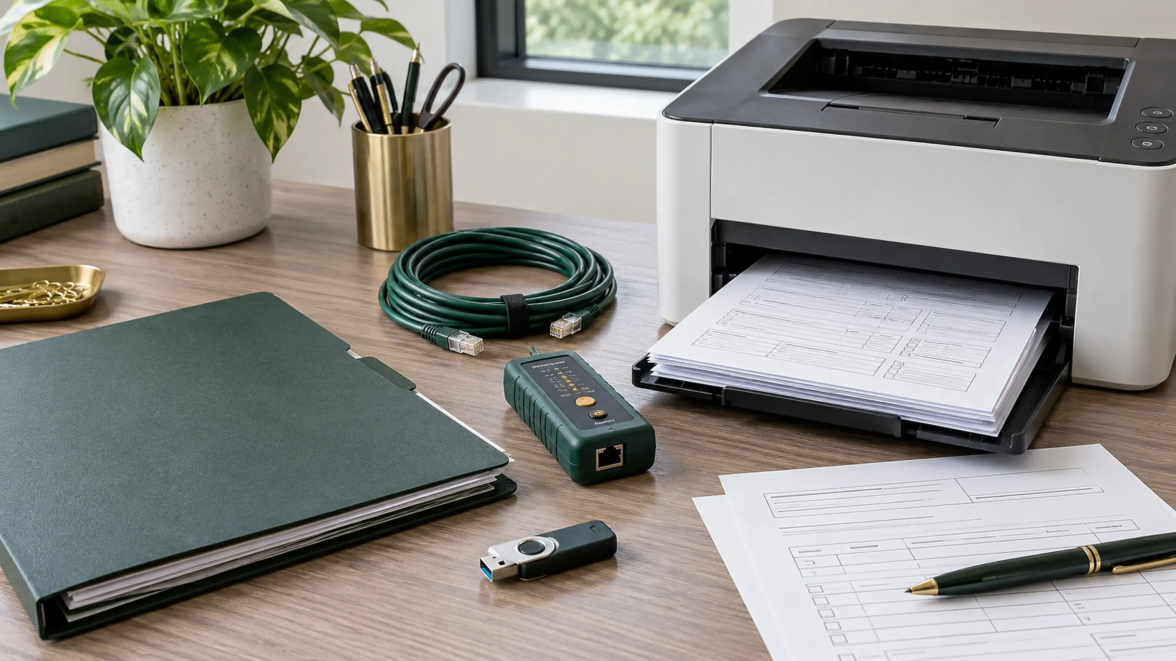 Printer, operational forms, cable tester, and document folder representing connected output systems.