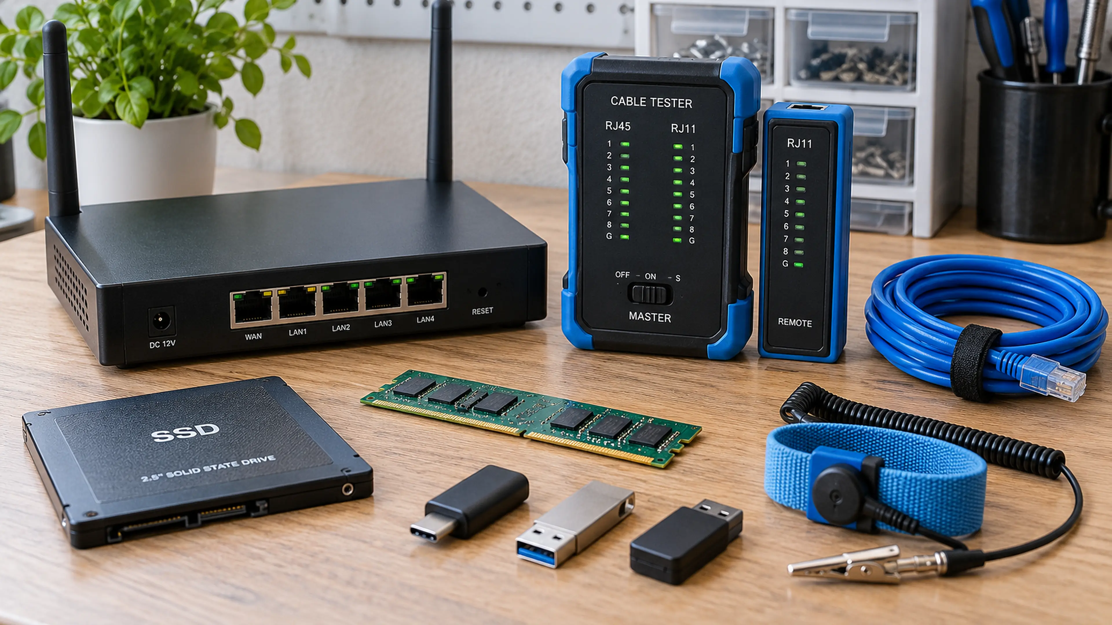 IT diagnostic bench with router, cable testers, storage, memory, and organized support tools.