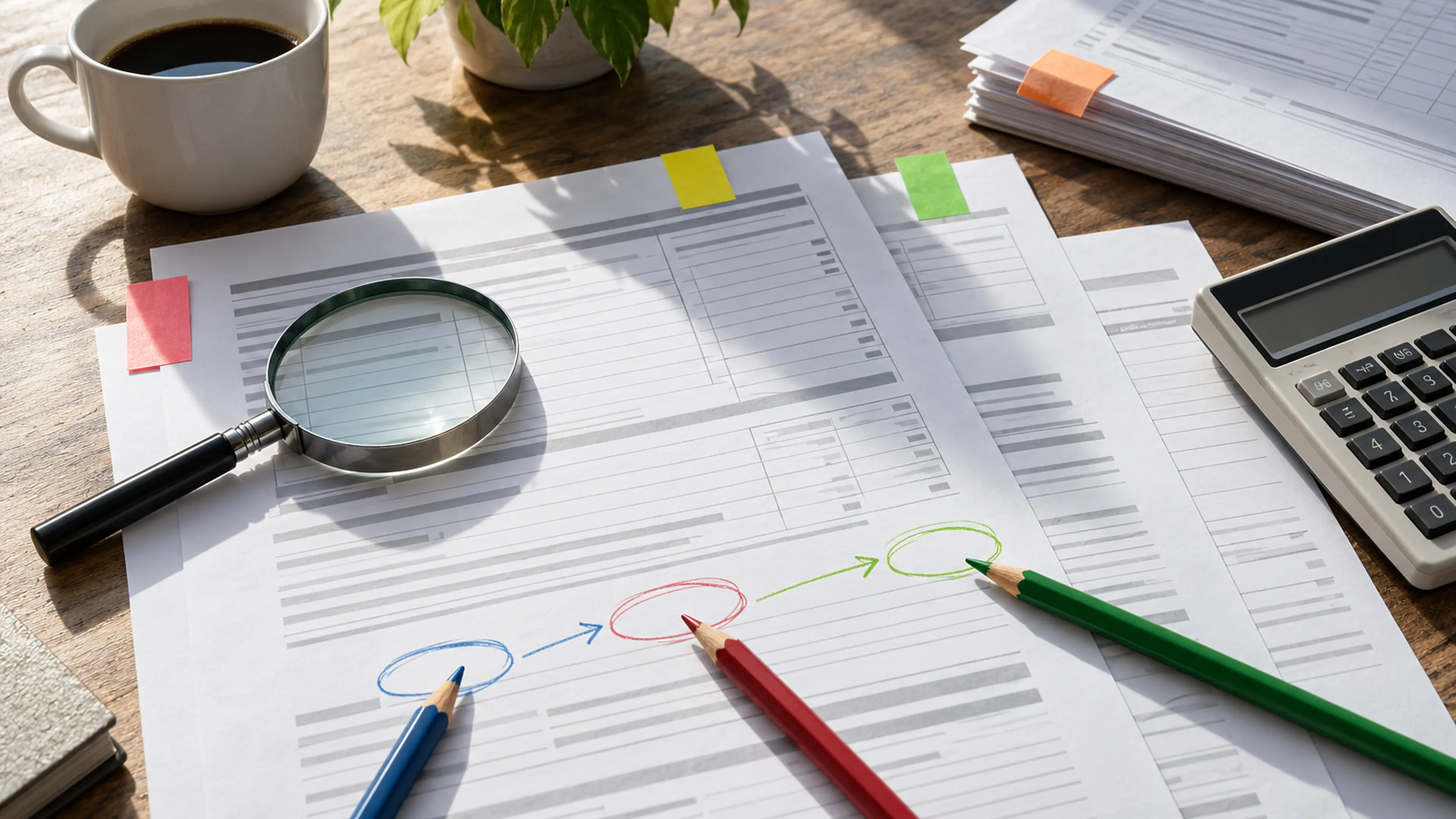 Transaction worksheets, audit notes, calculator, and magnifier representing systematic NetSuite troubleshooting.