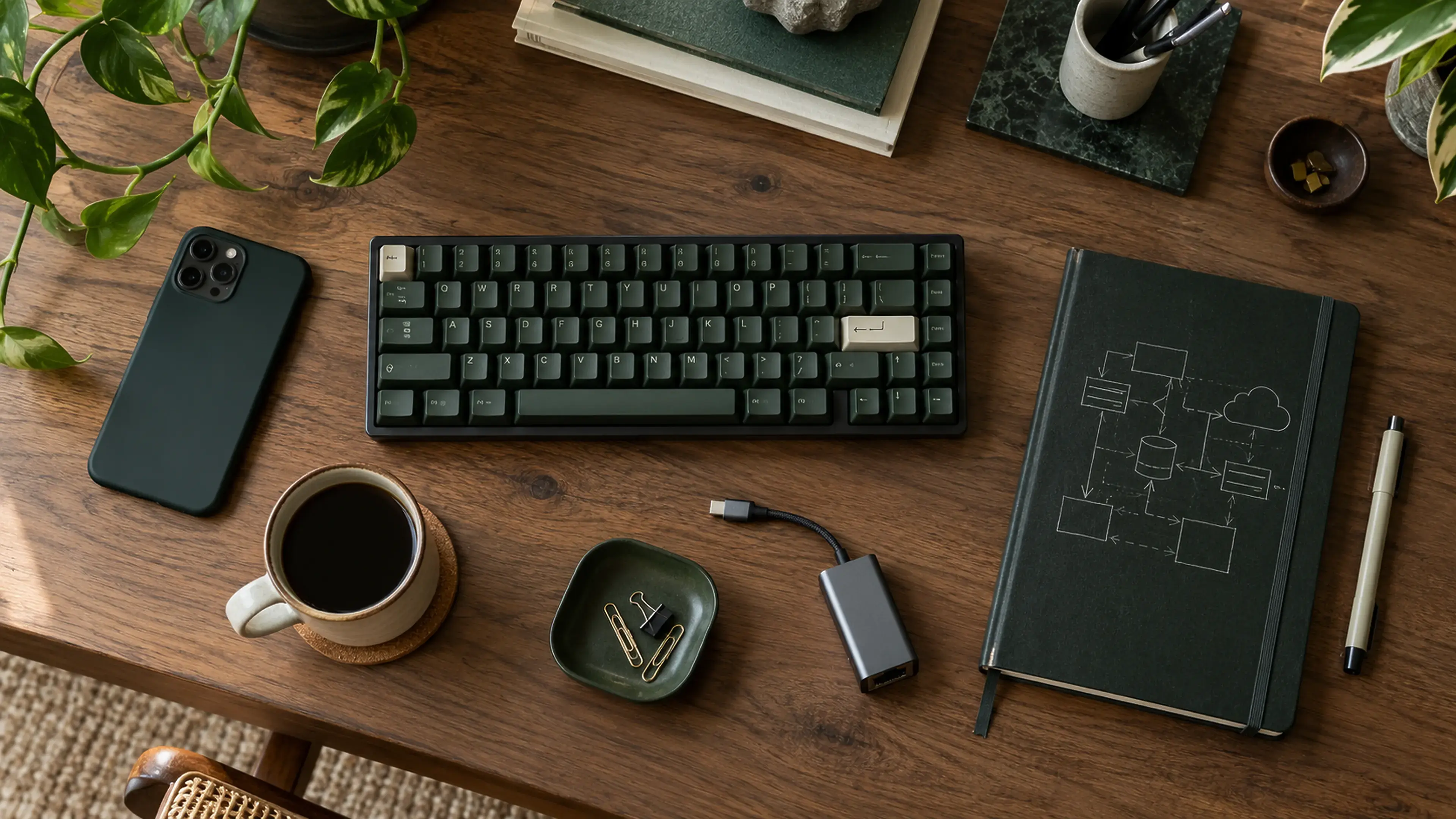 Web-development workspace with keyboard, trackpad, system diagrams, and application reference material.