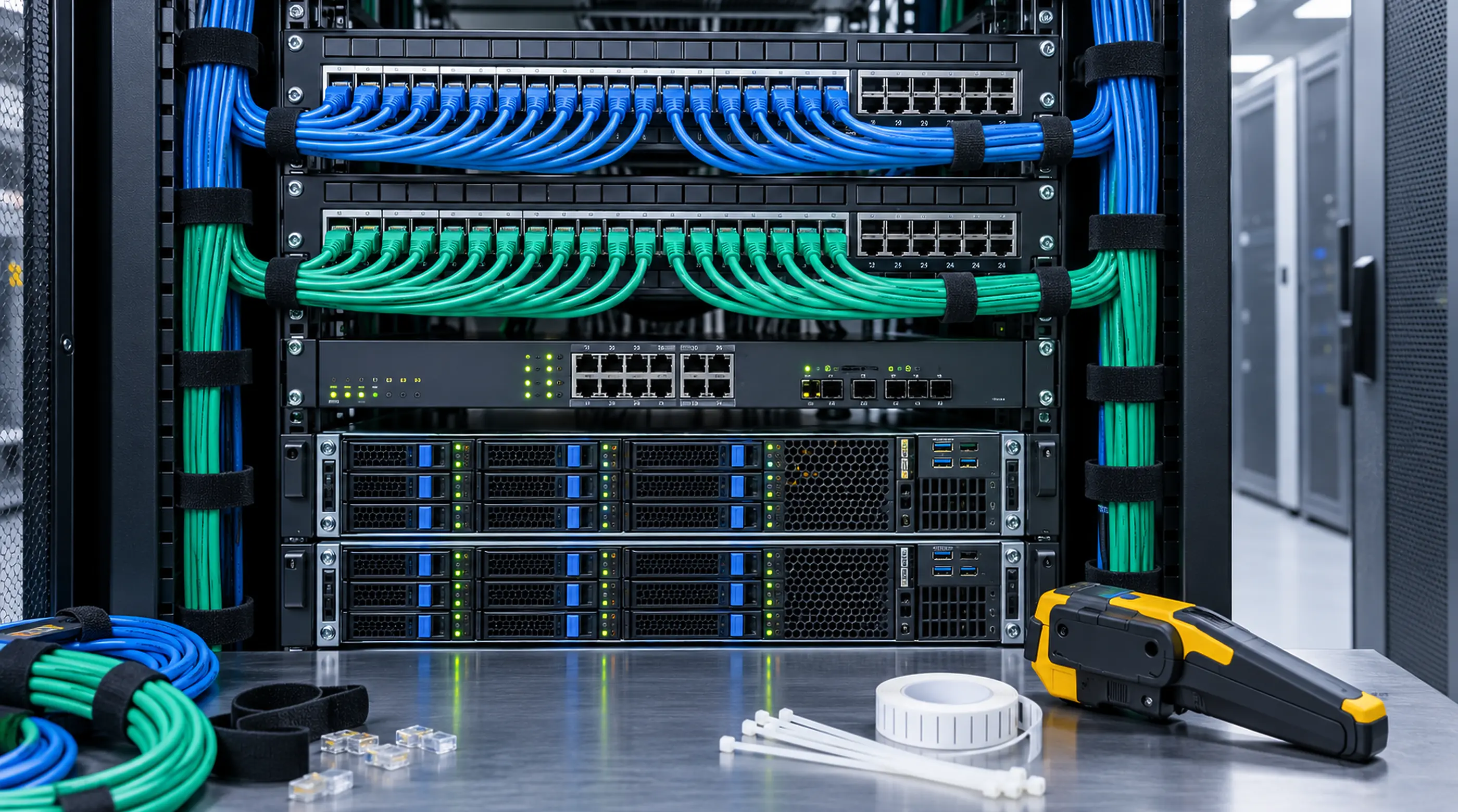 Sharp datacenter rack, patch panel, structured cabling, and diagnostic tool representing database and IT support.