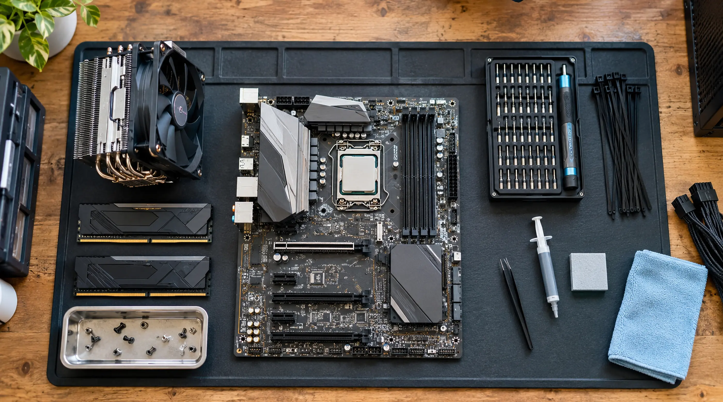 Overhead PC repair bench with motherboard, memory, storage, tools, and organized components.