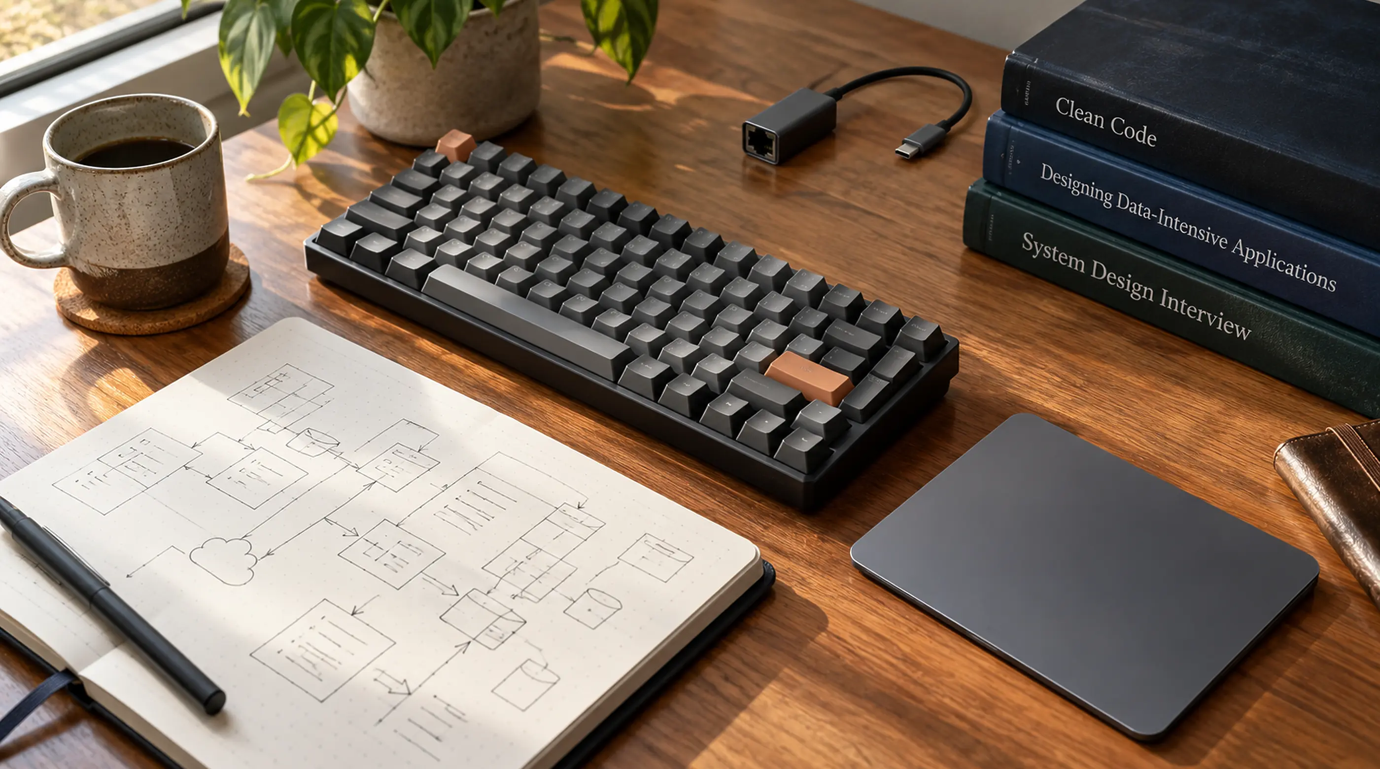 Web-development desk with keyboard, trackpad, notebook diagrams, and reference materials.