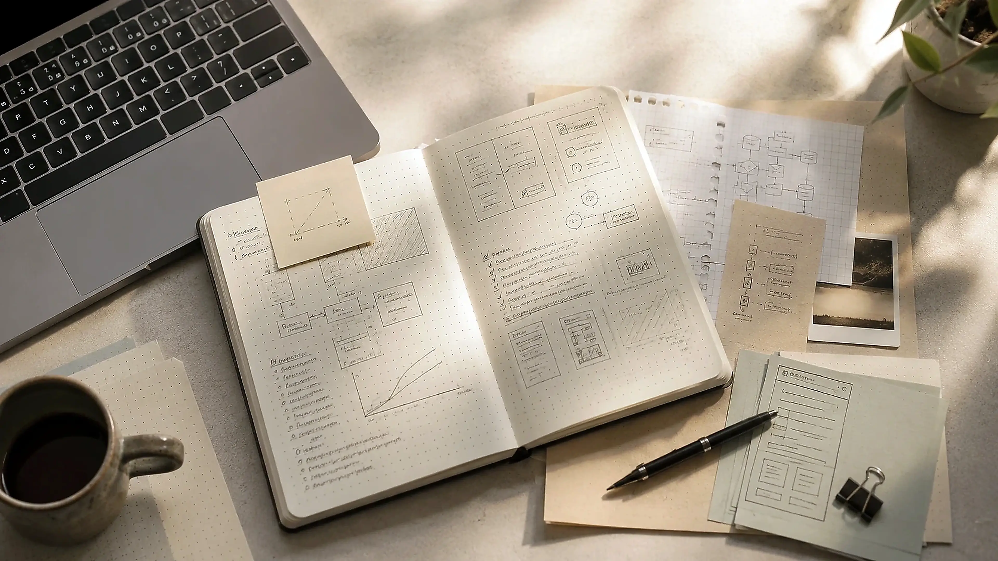 Sunlit workspace with notebook sketches of interfaces, data flows, and system ideas beside a laptop.