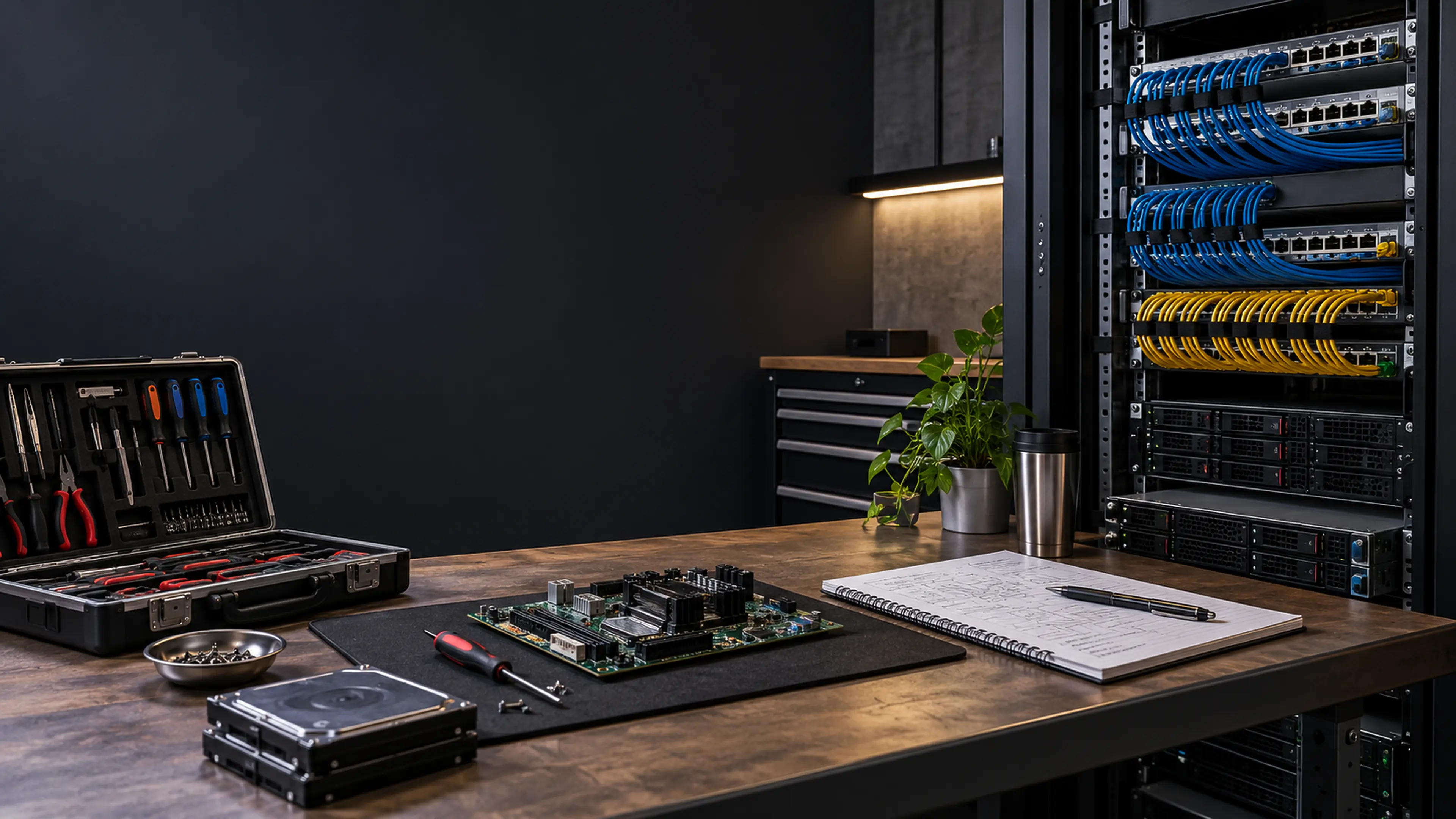 Infrastructure and technical workbench with server rack, components, tools, and planning notes.