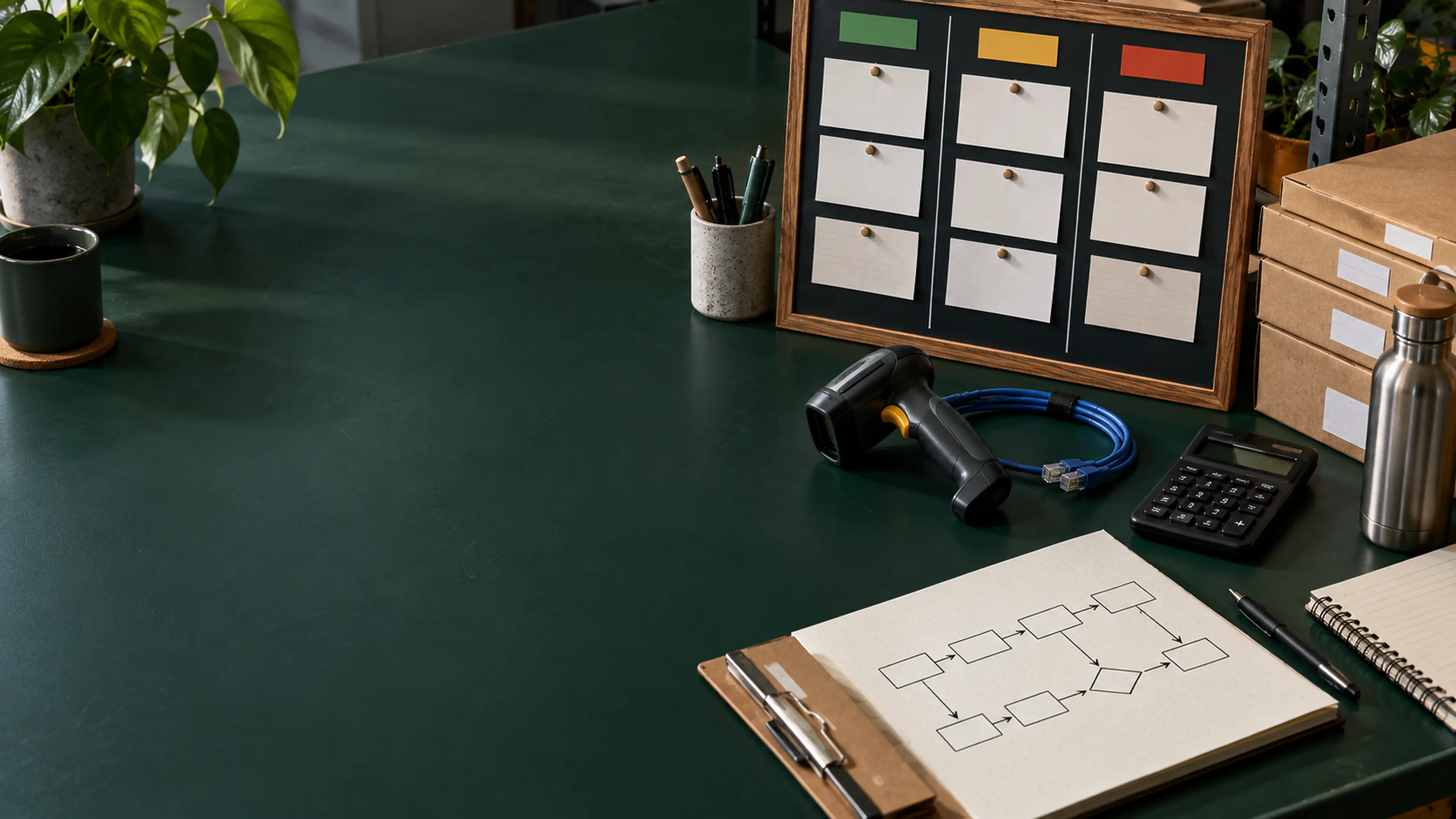 Operations workspace with planning cards, process notes, barcode scanner, and practical business-system tools.