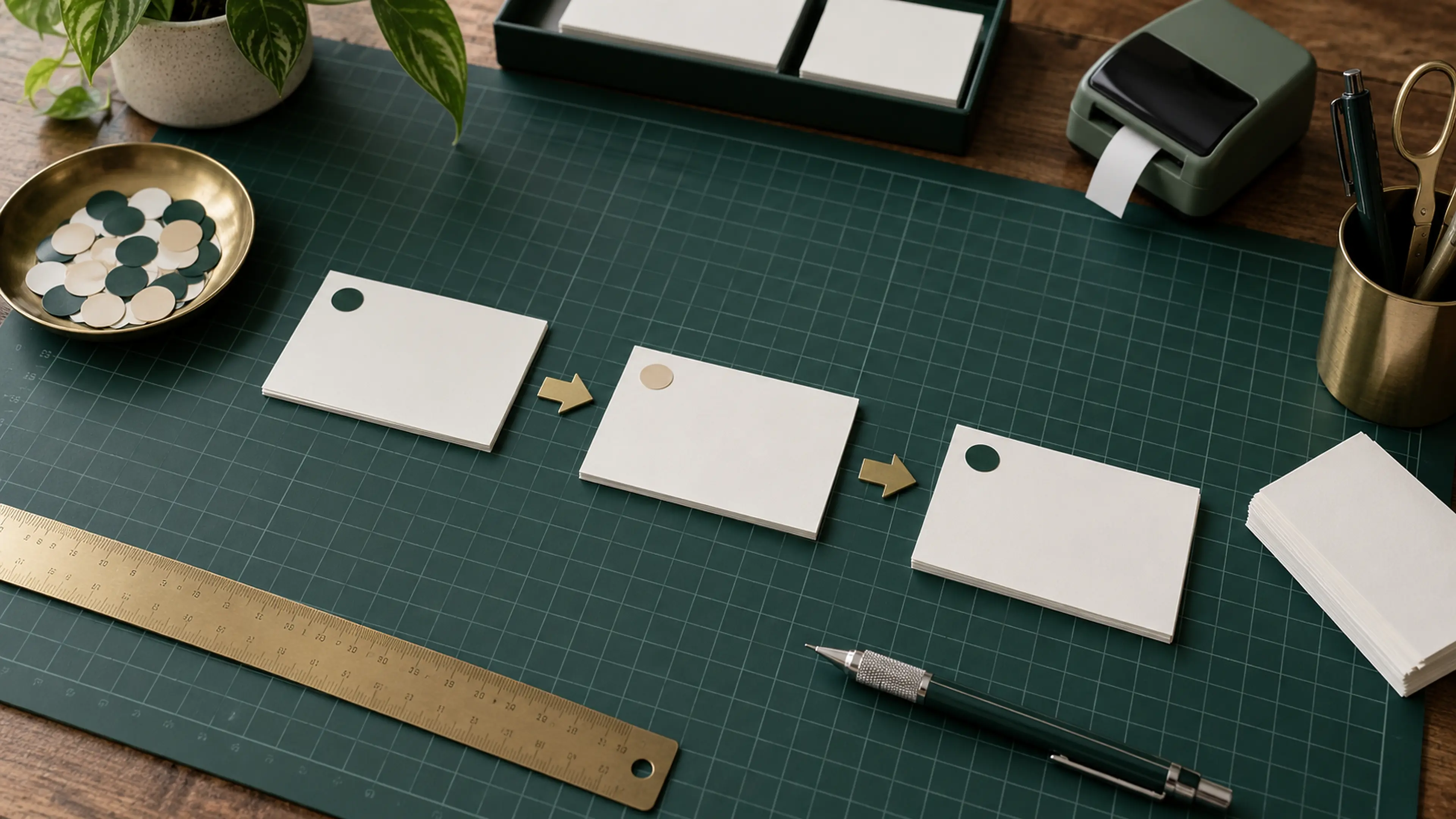 Workflow-testing table with staged blank cards, test markers, measuring tools, and a label maker.