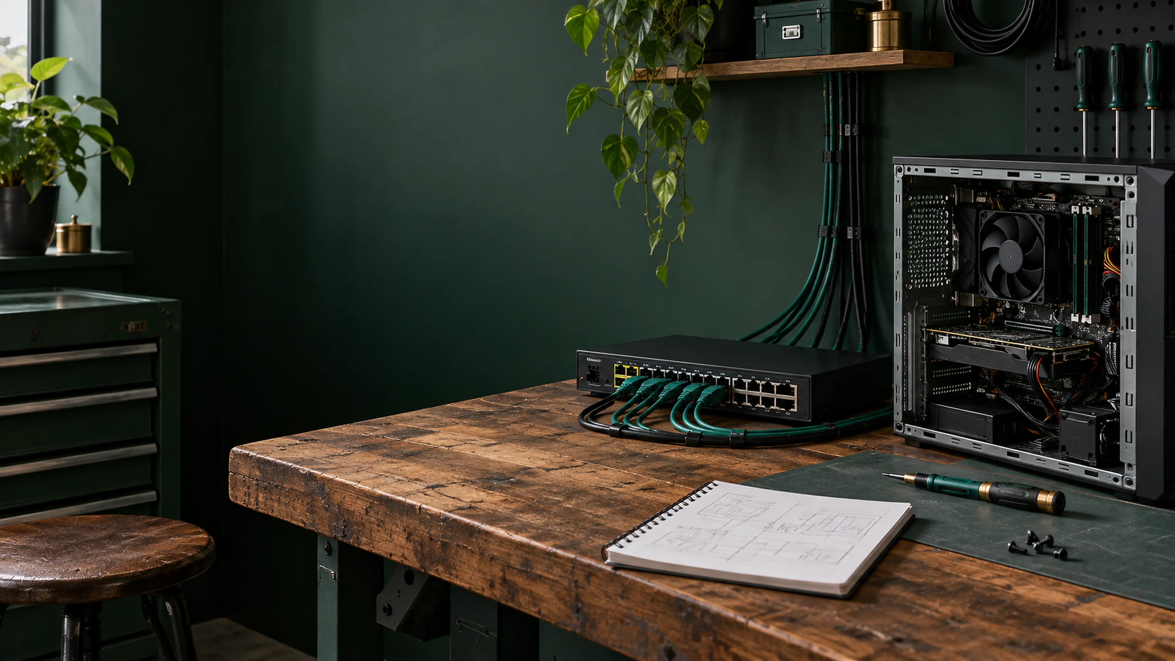 Crisp systems-engineering workbench with an open desktop computer, network switch, structured cabling, and precision tools.